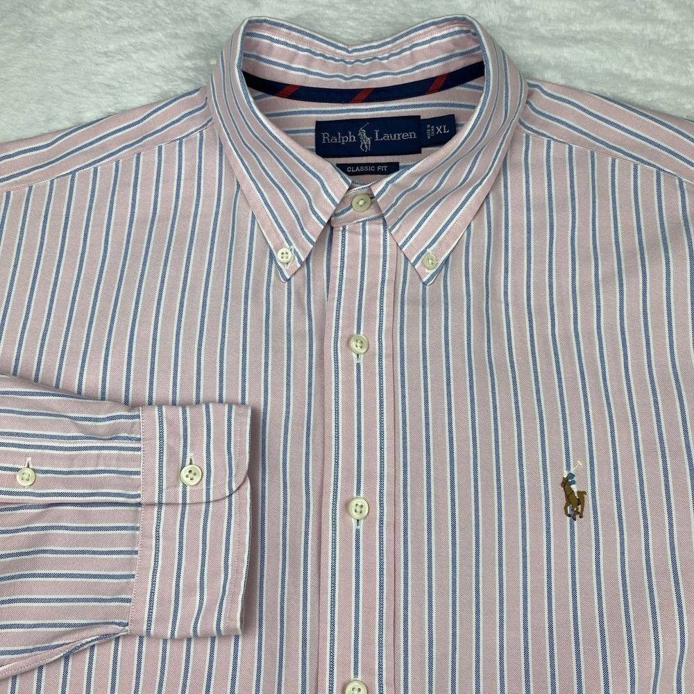 Ralph Lauren Shirt Mens XL Pink w/Blue‎ Stripes Classic Fit Oxford Embroidered